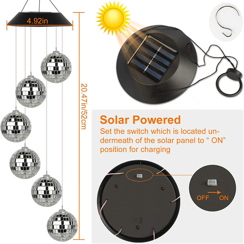 Fargeskiftende Disco Speil Ball Lampe Solcelledrevet Vindklokke Mobilt hengelys for hage Landskap Pathway Festival Dekor