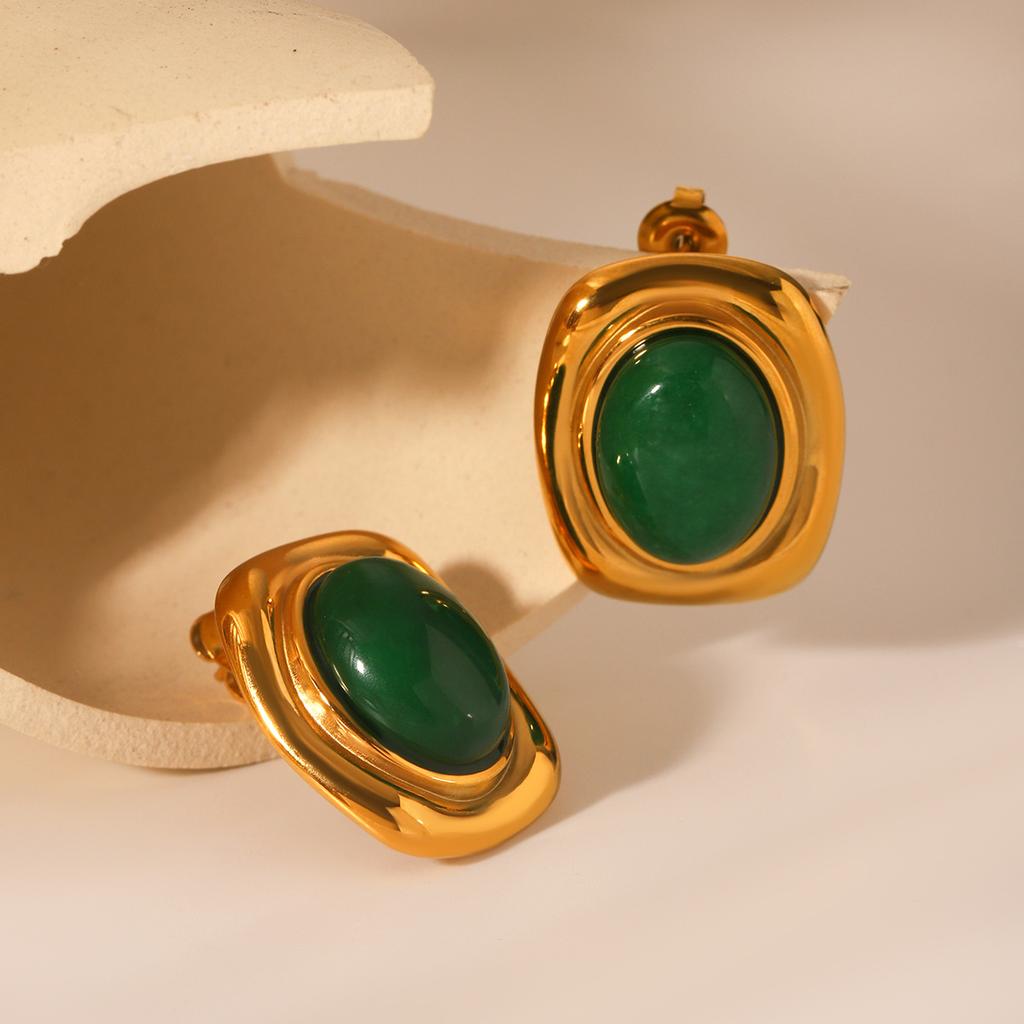 French Retro Court Style Inlaid Natural Stone Stud Earrings, Elegant Women's Earrings, 18K Gold Plated Titanium Steel Jewelry
