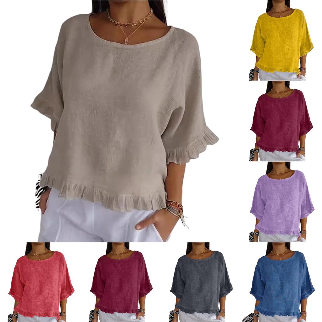 Women's Fashionable Loose Casual Round Neck Solid Color Shirt Top Solid Color Shirt Top