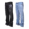 Men's Vintage Jeans Casual Straight Mid Waist Denim Pants Distressed Washed Trousers with Pockets for Streetwear Travel