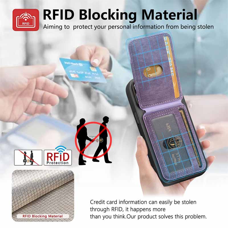 Ring Grip Strong Magnet PU Leather RFID Blocking Magnetic Card Holder Wallet for Iphone 17 16 15 14 13 12 Series Phone Wallets
