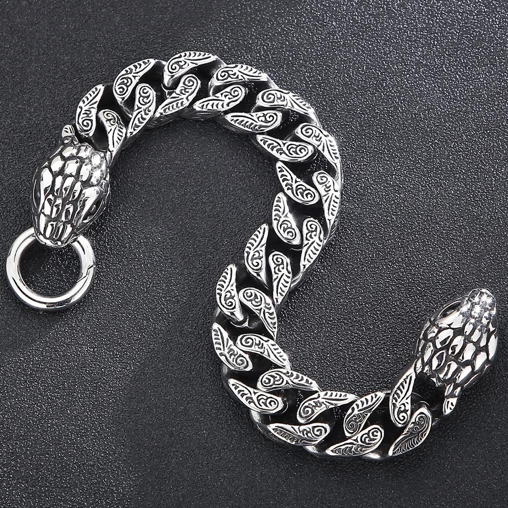 Cool Snake Head Bracelet Men's for Man Male Arm Rings Vintage 15MM Stainless Steel Curb Cuban Link Chain Bikers Jewelry