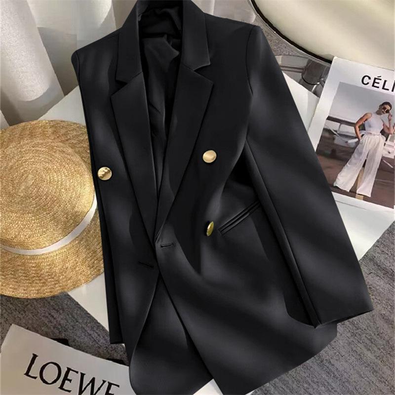 Women Long Sleeve Blazer Jacket Lapel Double Breasted Gold Button Loose Fit Office Casual Suit Outerwear Coat