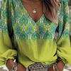 Retro Ethnic V-neck Women's Long-sleeved Top with Lantern Sleeves Featuring Totem Print In Bohemian Style, Suitable for All Season