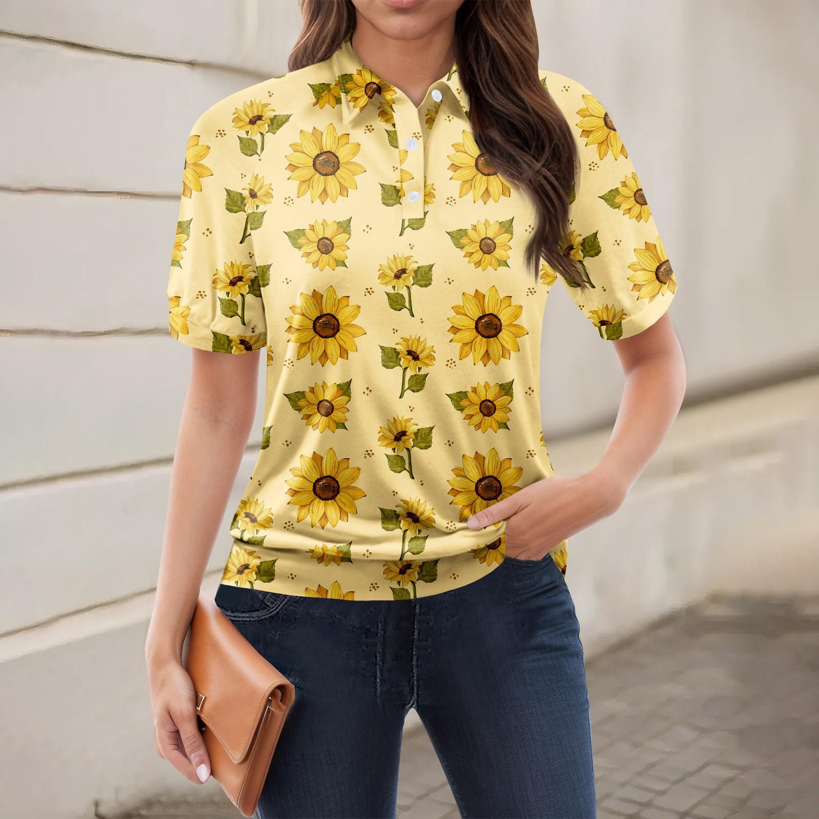 

Women s Casual Floral Print V-Neck Short Sleeve Decorative Button T-Shirt Top XL жовтий