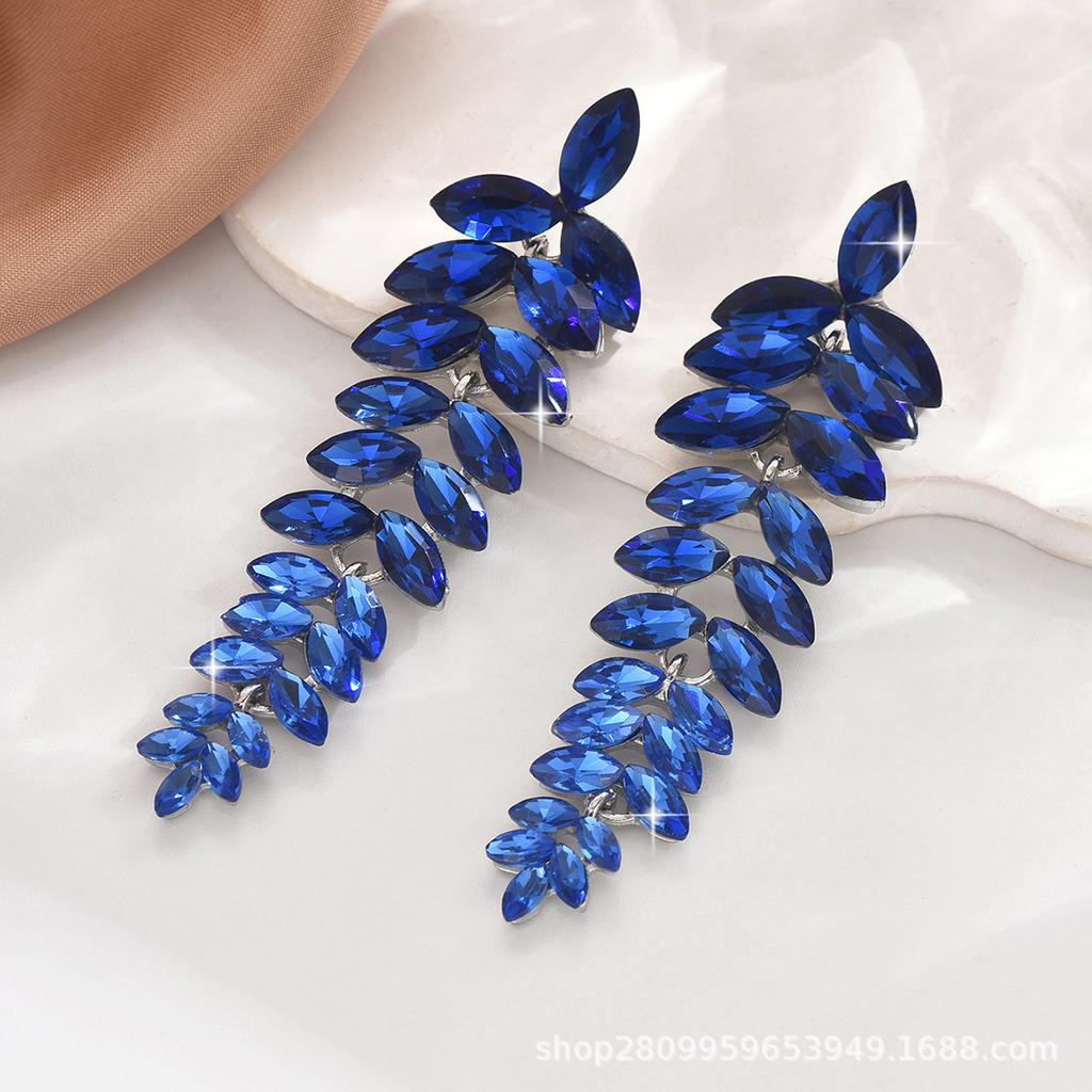 New multi-colored flower earrings, women's exaggerated full diamond long leaf earrings, banquet jewelry earrings.