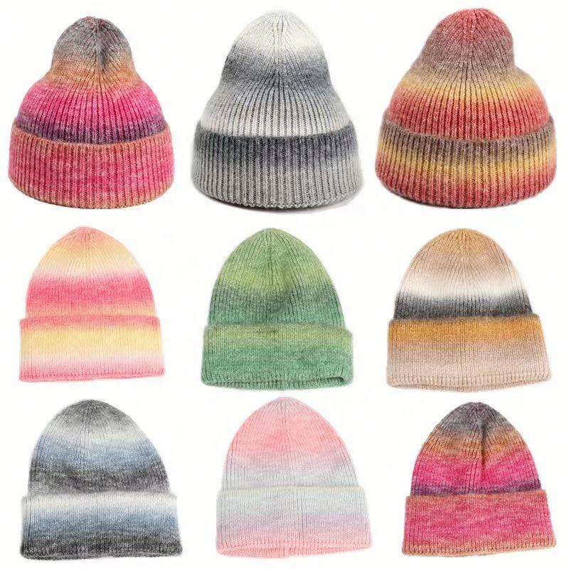 High Quality Unisex Tie-Dye Gradient Knitted Beanie Hat New Rainbow Thick Striped Winter Hat