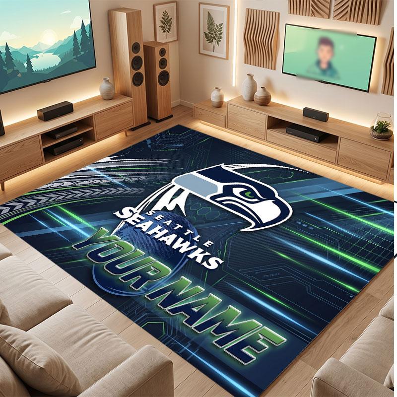 Seattle Seahawks Personalized Crystal Velvet Carpet, Customized Name Text Soft Anti‑Slip Rug for Living Room Bedroom