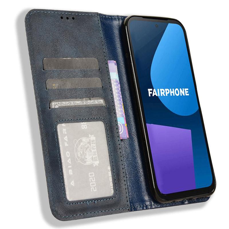 

For Fairphone 5 Case Phone Stand Cover Retro PU Leather Wallet Magnetic Shell Blue