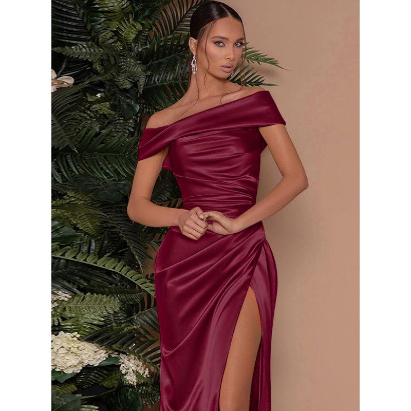 European and American Elegant Pleat off-Shoulder Dress Summer New Split Sexy Guest dresses Slimming Slim fit Hip Skirt
