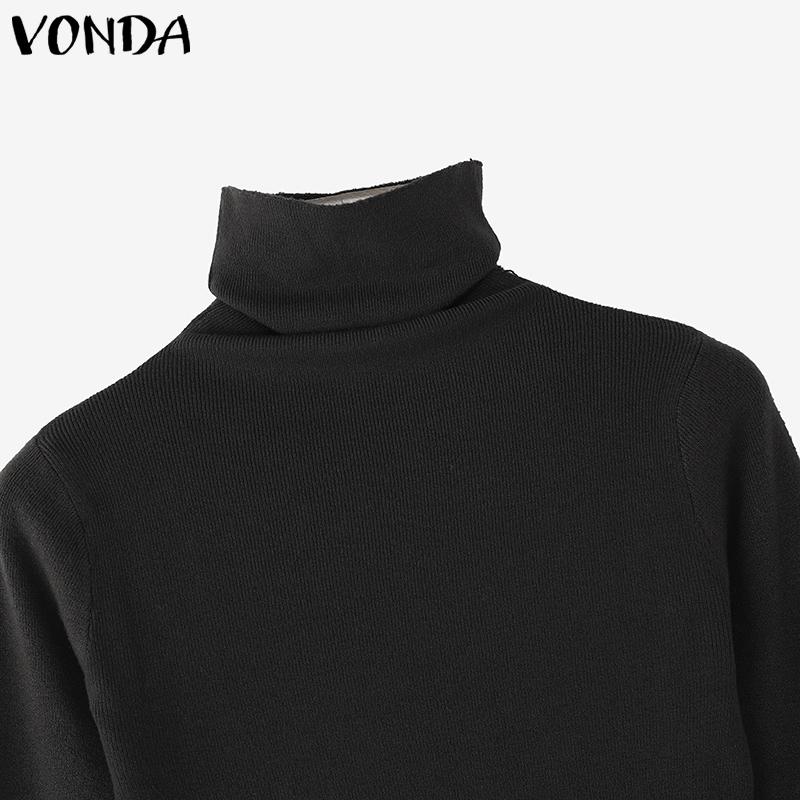 VONDA Autumn Women Turtleneck Long Sleeve Thin Casual Cropped Kniteed Sweater Tops Undershirts