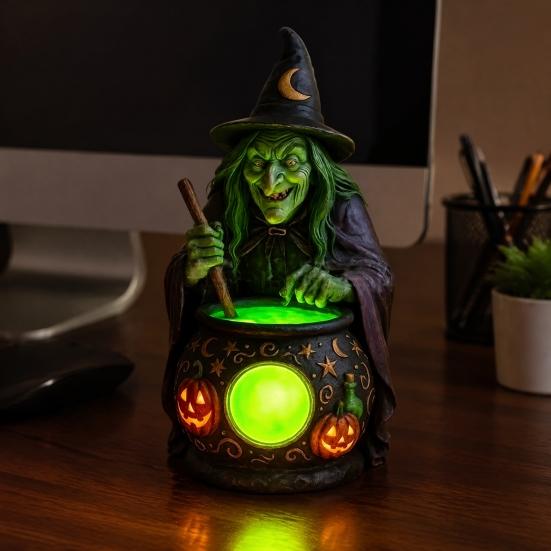 Artesanías de Resina Hechas a Mano Lámpara Caldero de Bruja de Halloween, Adorno de Estatua, Accesorios de Habitación Artísticos Decorativos Espeluznantes Luz para Escritorio Mesa