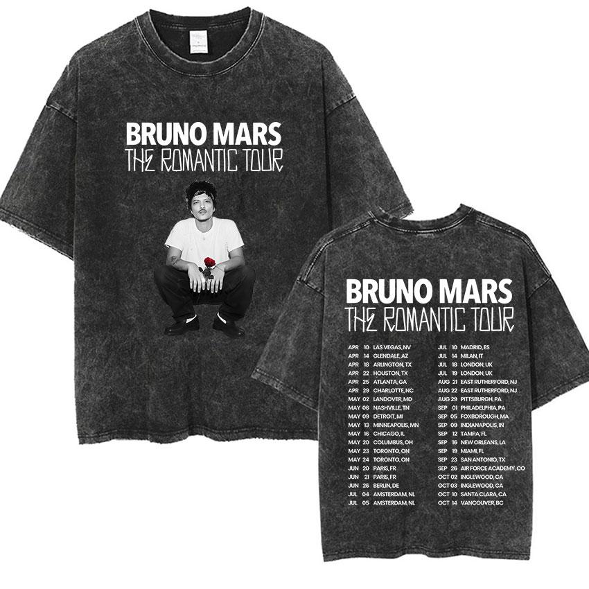 

Vintage Washed Bruno Mars The Romantic Tour T Shirts Mens Women Casual Fashion Gothic Oversized Cotton Tshirt Streetwear S