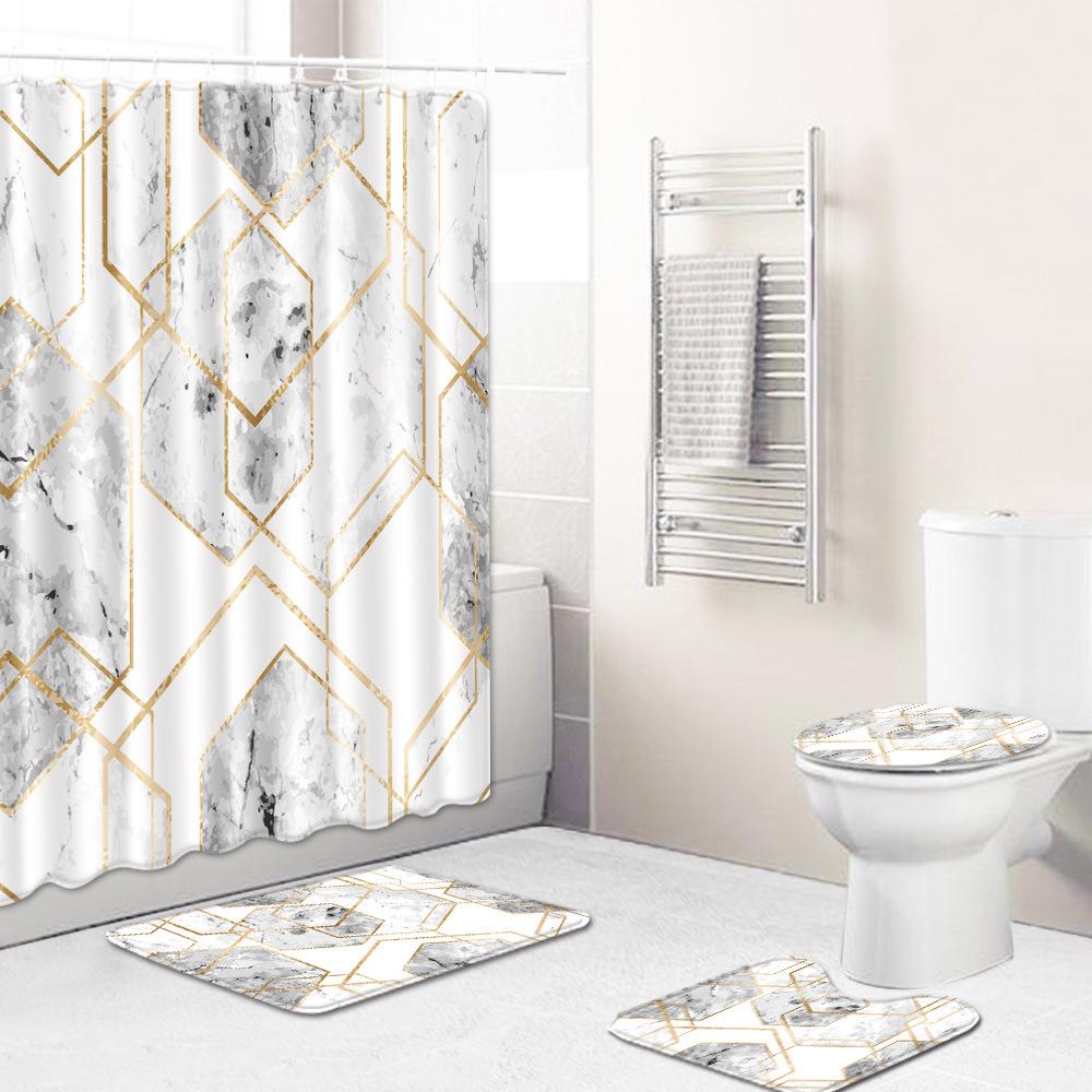 Retro Geometric Bathroom Four-Piece Waterproof Shower Curtain Bedroom Non-Slip Carpet Floor Mat Door Mat
