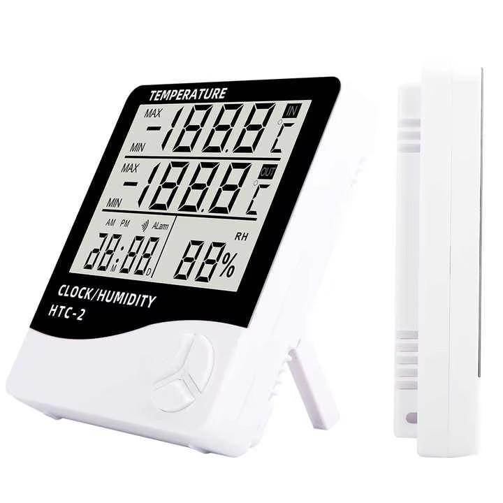 Digital Thermometer Hygrometer LCD Meter Temperature and Humidity Meter Gauge With Clock Humidity Thermometer (White,±2℃)