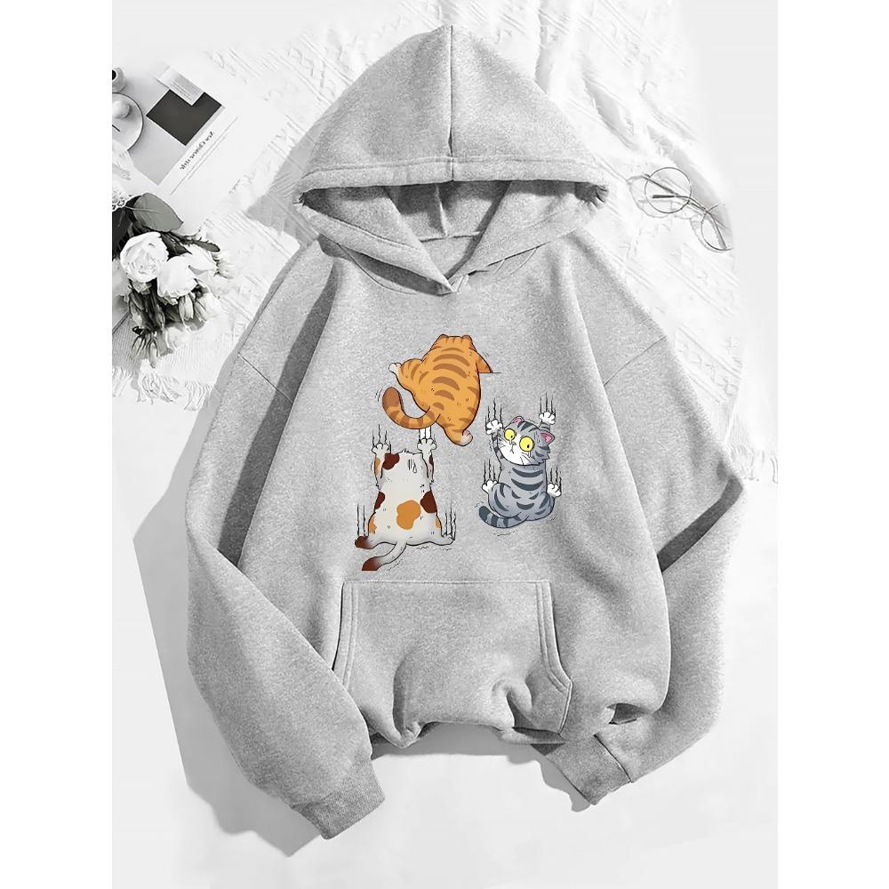 Women's Cute Cartoon Cat Print Hoodie Casual Sporty Pullover Sweatshirt Autumn Winter Warm Pullovers Casual Hoodie