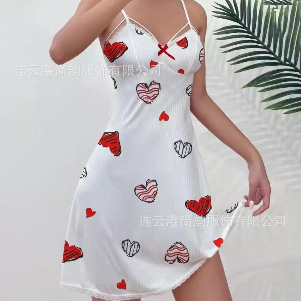 European and American Love Printing Sexy Lace Home Suspender Skirt Pure Desire Nightdress Temptation Backless Sex Dress