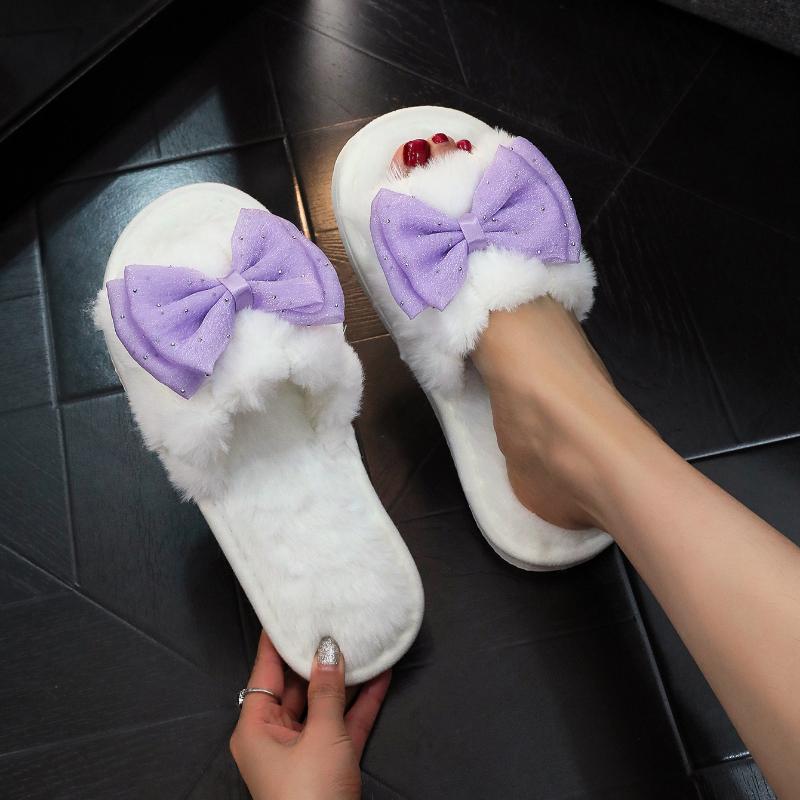 Women'S Autumn and Winter Warm Slippers with A Bow Design, Stylish Indoor Slippers for The Living Room.