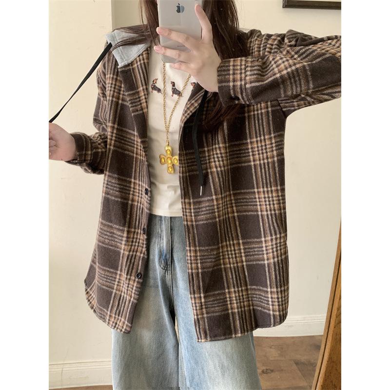 The real shot is not reduced, plaid retro shirt jacket autumn lazy cardigan design sense loose, hooded top