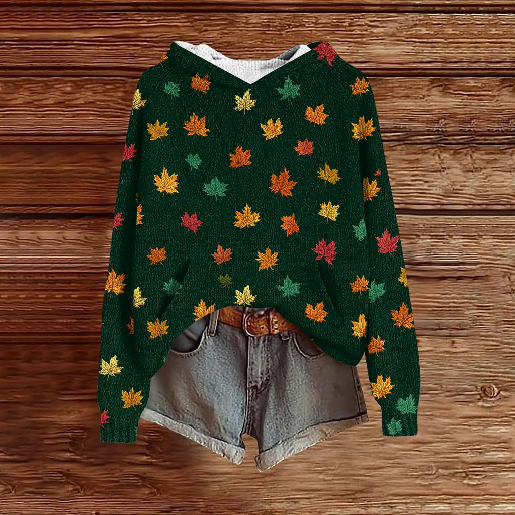 Women's Fashion Casual Long Sleeve Christmas Print Hooded Knitted Sweatshirt