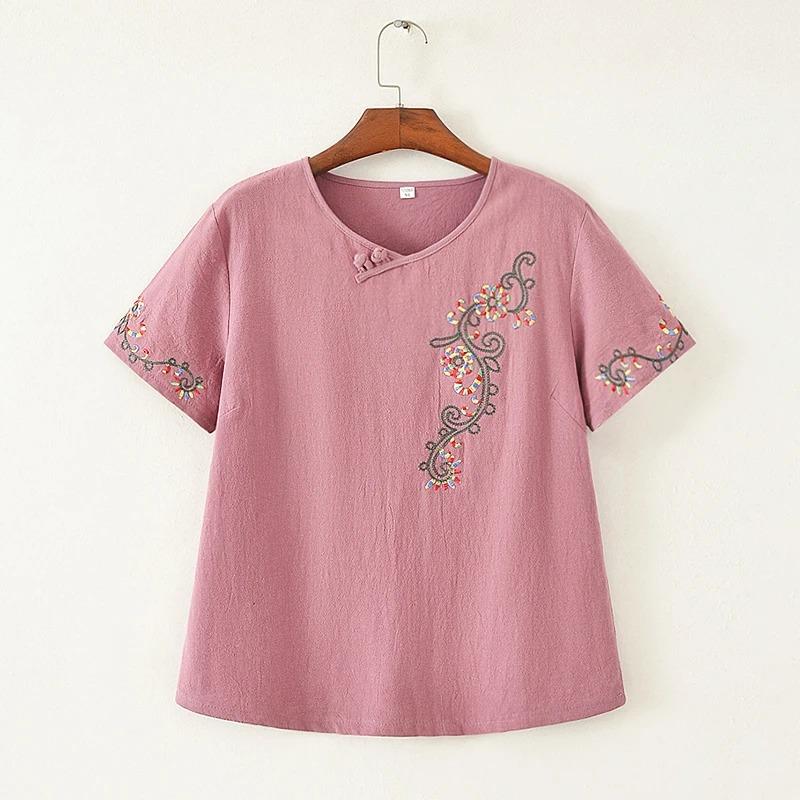 Womens Floral Embroidered Frog Button Short Sleeve T Shirt XL розовый