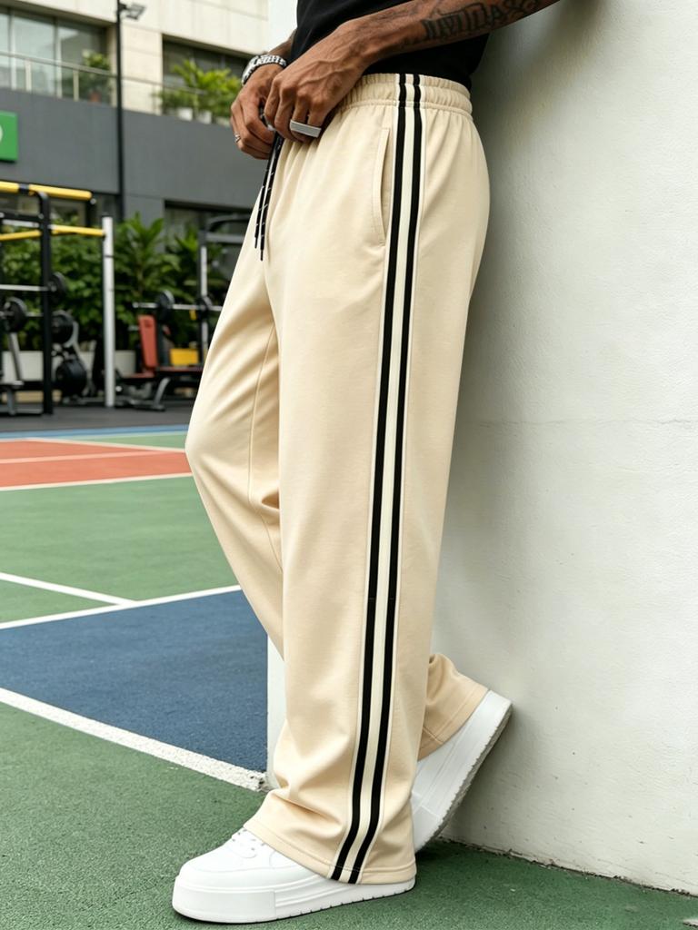 American sticker black and white strip casual trousers men's solid color street fitness running sports trousers straight sweatpants