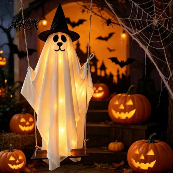 Glowing Ghost for Terrace 1.2/1.8M Hanging Dog on Swing, LED Light Up Cute Puppy Spooky Halloween Party Supplies Swing Ornament Tree, Porch,