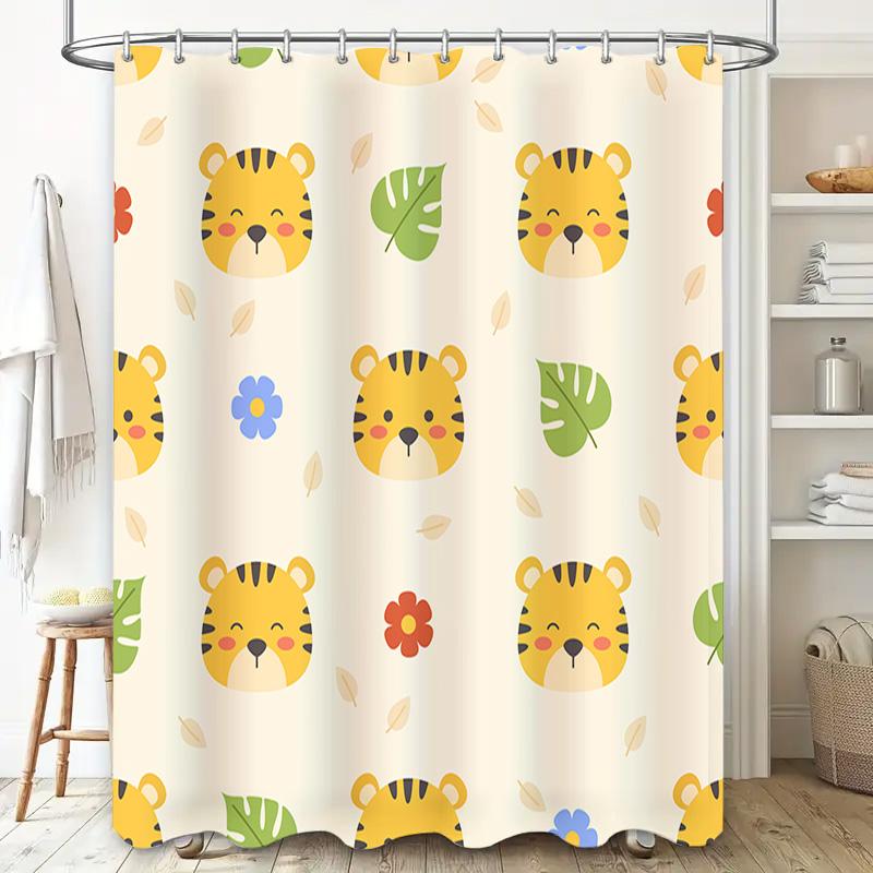 Adorable Animal Print Shower Curtain For Kids Bathrooms Tiger Head Design With Leaves And Flowers In Multicolored Pattern