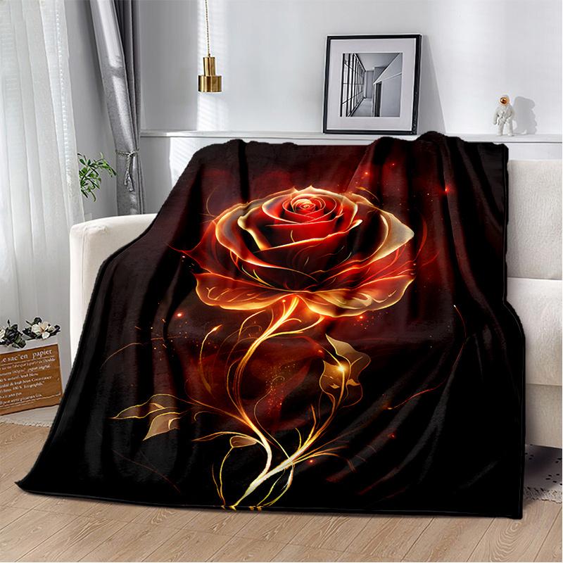 1pc Cozy Red Flame Golden Rose Printed Blanket Lightweight Flannel Throw Blanket For Sofa, Bed, Living Room, Office, Couch
