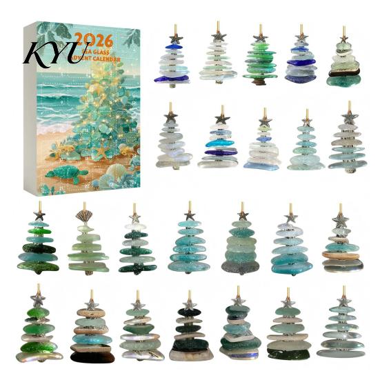 Beach Style Holiday Decor 2026 Sea Glass Christmas Countdown Calendar Blind Box, 24Pcs Coastal Theme Ornaments Acrylic Tree Hanging Ornaments,