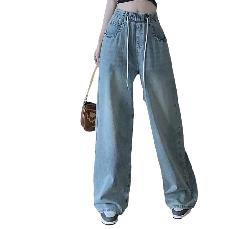 Women's Autumn Wide-Leg Elastic-Waist Jeans: High-Waist, Loose-Fit, Straight-Leg with Drawstring.