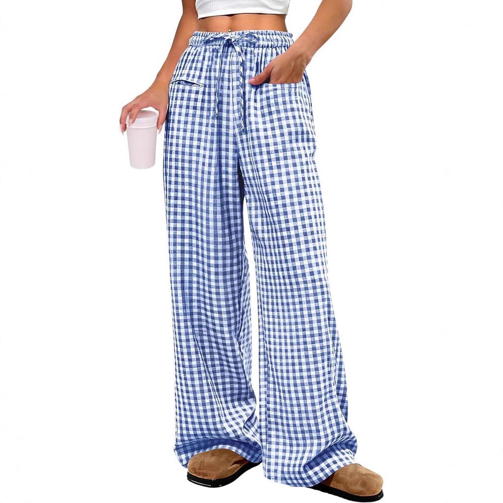 Women's High Rise Wide Leg Pants Loose Fit Trousers Plaid Drawstring Woven Spring Casual Long Pants For Daily Street Outfit