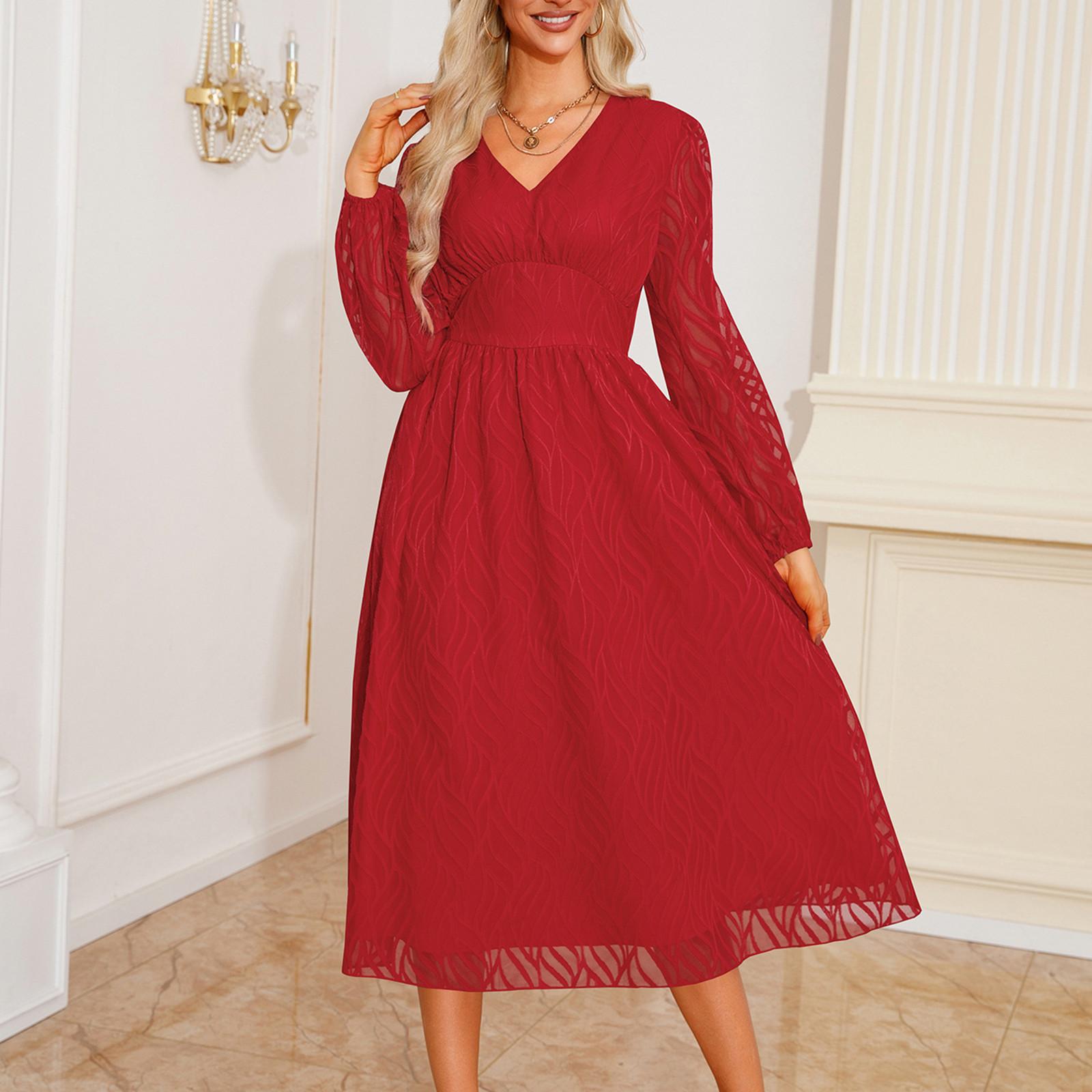 

Женские модные сексуальные винтажные платья с V-образным вырезом и длинными рукавами L красный