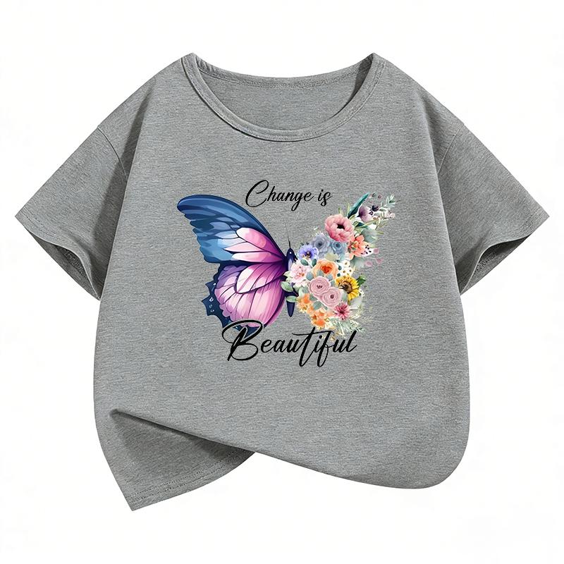 Change Is Beautiful Butterful T-Shirt Fashion T Shirt Girls' Summer Clothes Short Sleeve Tops T-Shirts Cute Kids Clothing