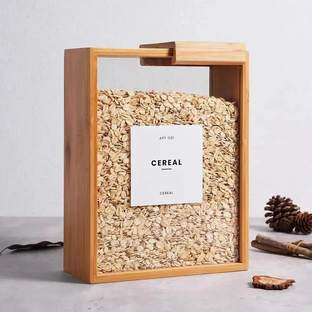 Creative Wooden Cereal Storage Bamboo Oatmeal Dispenser Simple Grain Container with Lid for Food Pantry Kitchen Organization