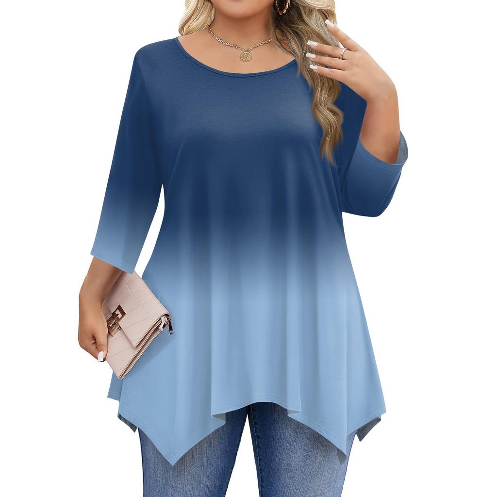 Dámská trička s 3/4 rukávem plus size, tunikové topy s kulatým výstřihem, základní volný střih, trička L-5XL