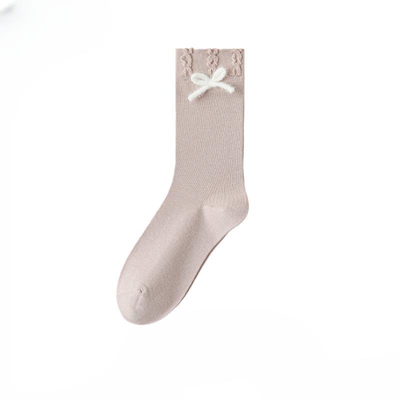 Female Autumn and Winter Striped Bow Lace Lace College Style Breathable Sweat Absorbing Tube Cotton Socks