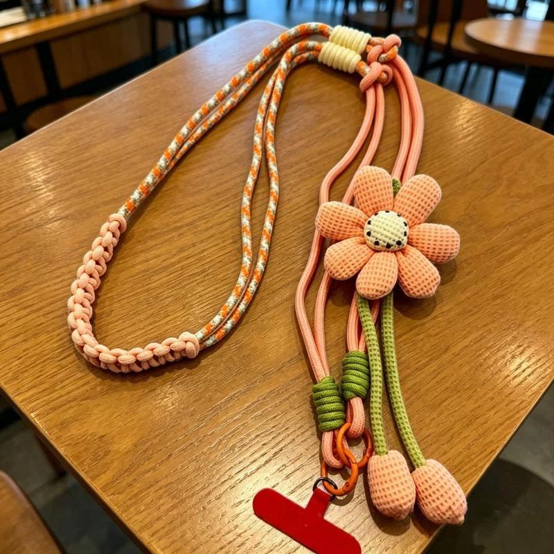 1Pcs Cute Flower Decor Adjustable Phone Lanyard Durable Braided Strap For Daily Outing Shopping Travel Anti Lost Accessory