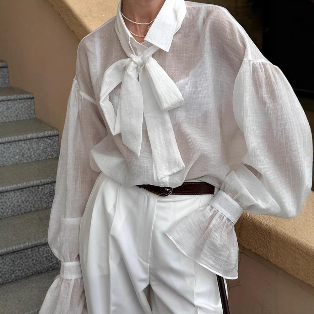 European and American spring and summer French elegant perspective Tencel shirt women s retro strap collar petal sleeve top S белый