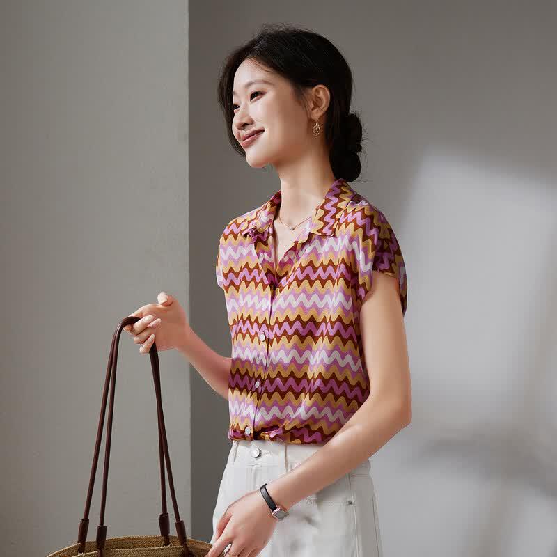 SOFSIL 2026 Summer Mulberry Silk Printed Short Sleeve Turn-Down Shirt