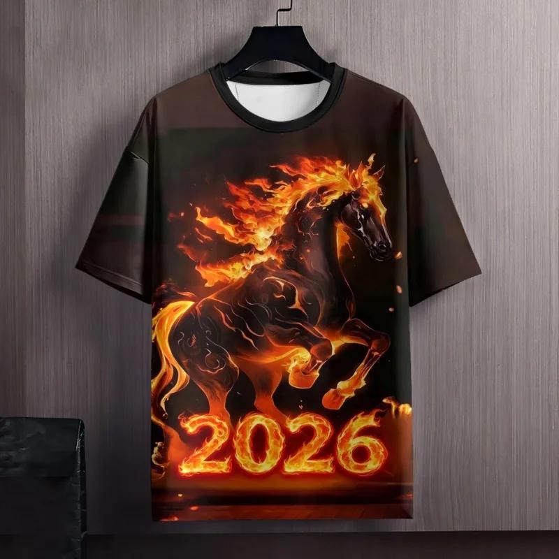 

Flame Horse Year Pattern T Shirt For Men 2026 New Year 3D Printed Tees Summer Casual O-Neck Tops Loose Short Sleeve T-Shirts XXS
