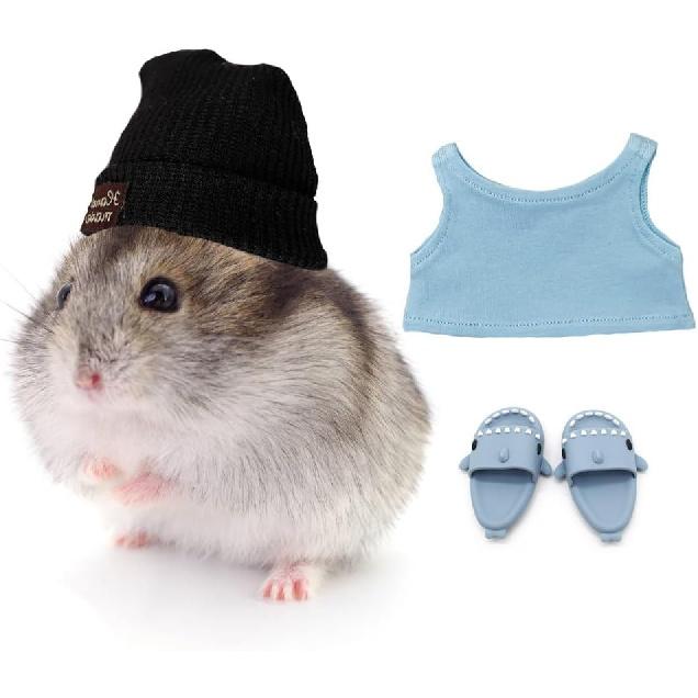 Hamster Costume Set with Shirt, Hat, Shoes, Small Animal Cute Shark Slipper for Real Pets, Cute Mini Rat Holiday Party Clothes, for Fun, Photos.