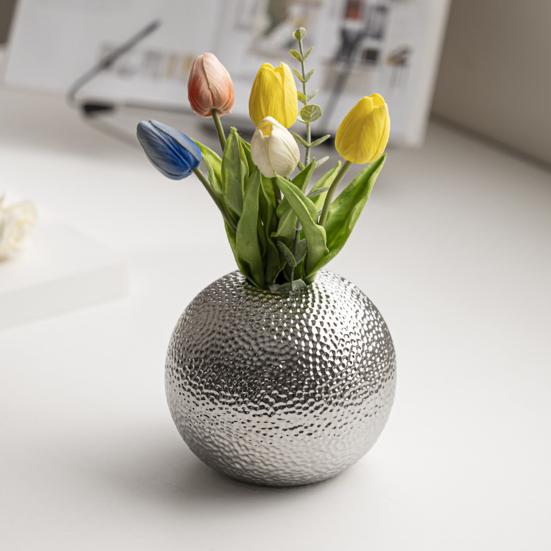 Round Ceramic Flower Vase Hammer Pattern Office Table Centerpiece Decorative Holder Container Home Floral Plants