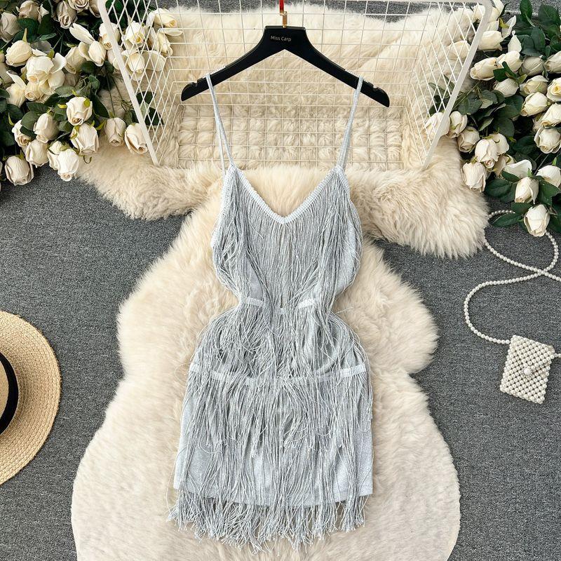 Sexy Open Back Furry Tassel Slim Looking Sling Dress