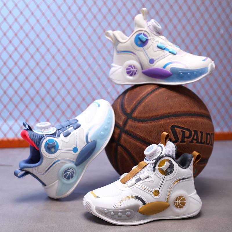 2025 new lace-free classmates Boys mesh breathable basketball shoes Middle and older children non-slip rotating buckle running shoes