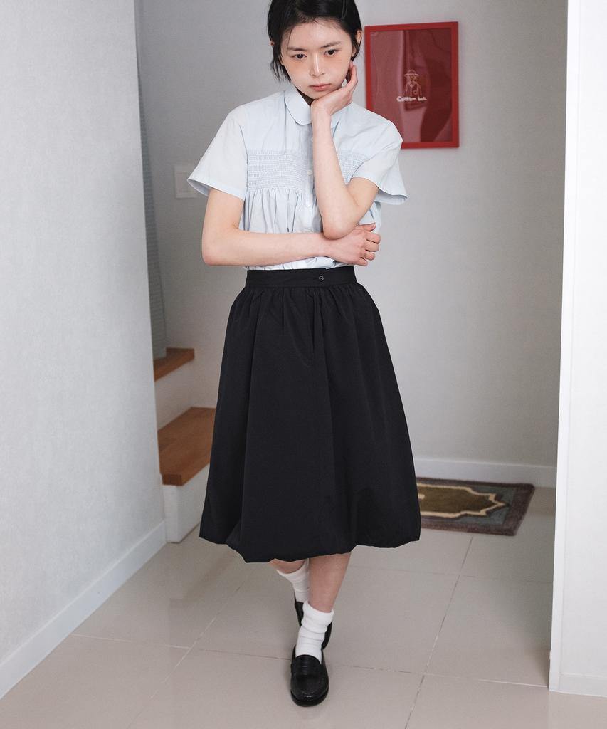 Cotton Bell Shirred Balloon Skirt - Black
