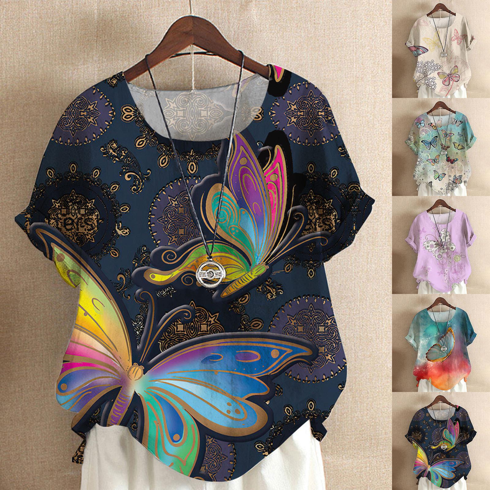 

Женская модная повседневная блузка с круглым вырезом и коротким рукавом с принтом