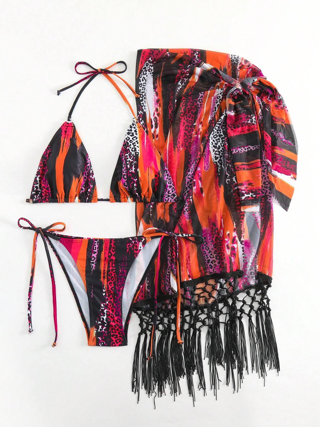 

2024 Европейский и американский трехкомпонентный купальник-длинное платье: Женское трансграничное бикини Extra Large красный