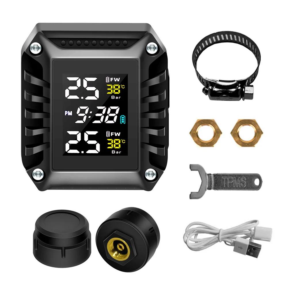 

Бездротова система моніторингу тиску в шинах TPMS для мотоцикла, 2 зовнішні датчики, система сигналізації тиску та температури шин для мотоцикла з відображенням часу Black