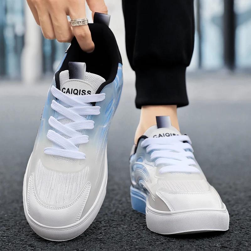 Low top board shoes for men's spring mesh breathable and non stuffy feet, night light anti slip soft sole casual white men's spo